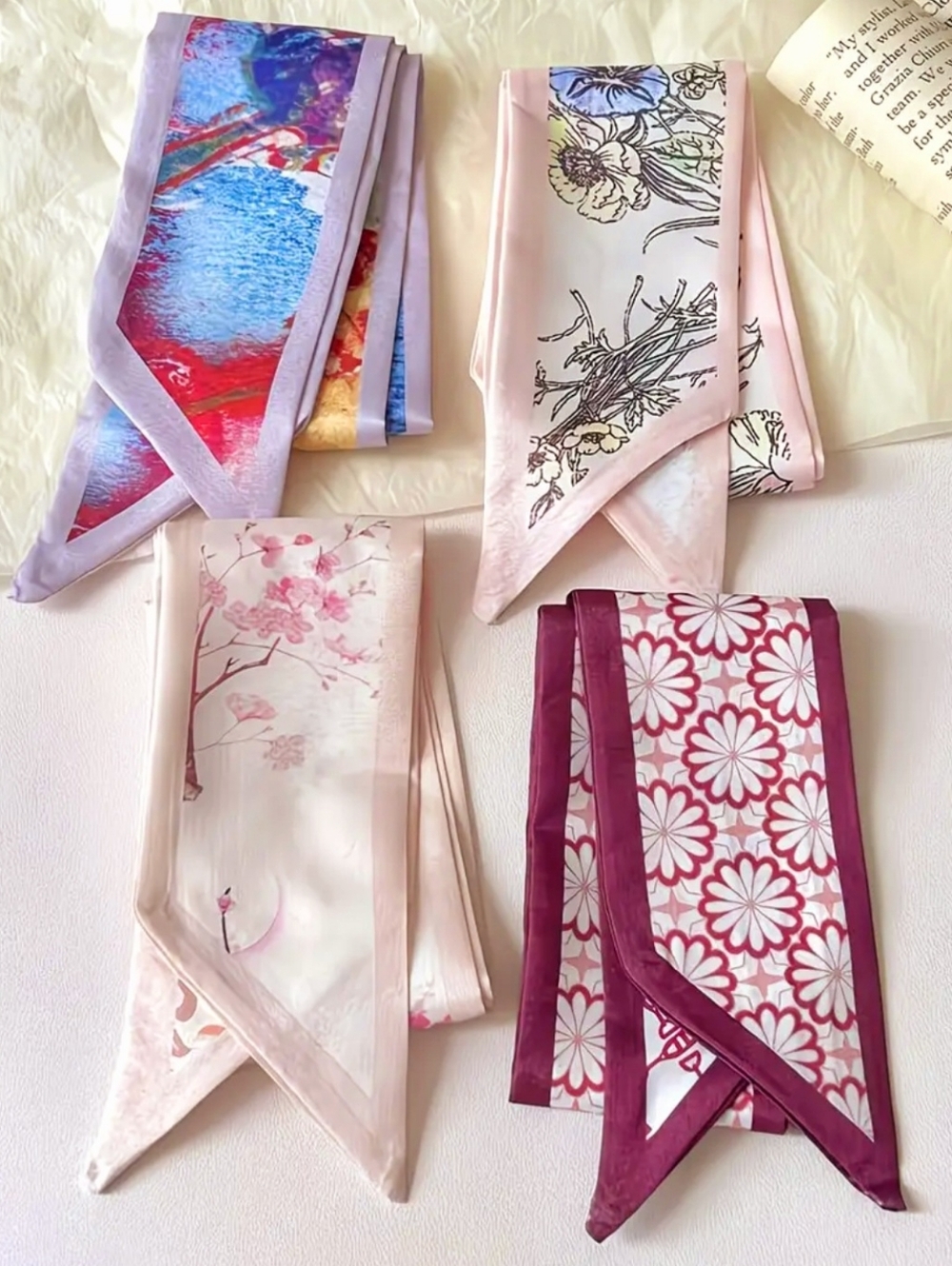 Set of Four Satin  Floral & Pastel Scarves - Picture 2 of 8